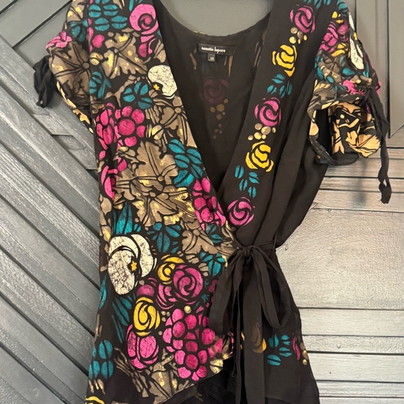Nanette Lepore Tops - Nanette Lepore Black Floral Wrap Top - Pink, Teal, Yellow